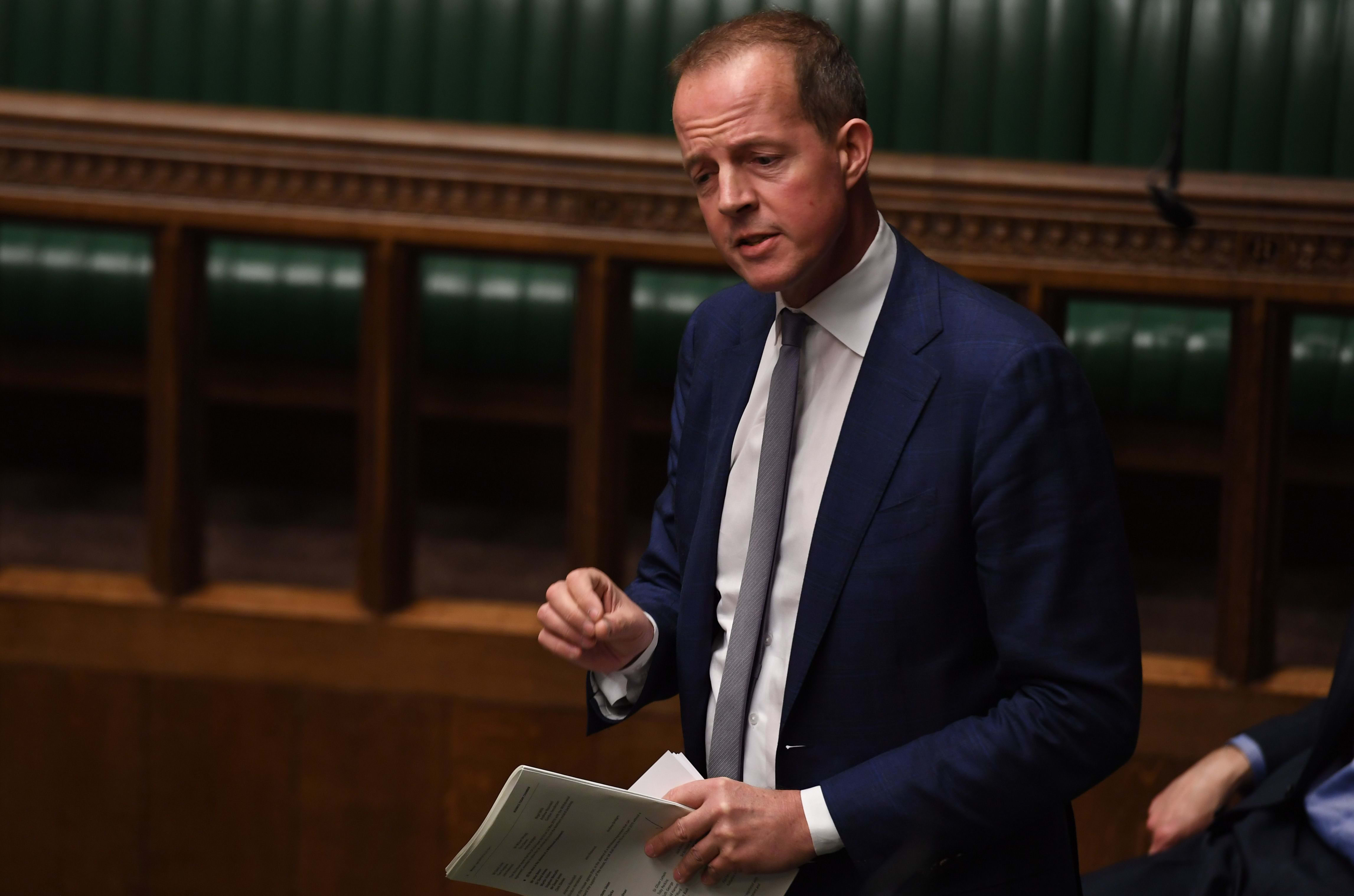 A handout photograph taken and released by the UK Parliament on April, 1 2019 shows Conservative MP Nick Boles speaking during a debate in the House of Commons.