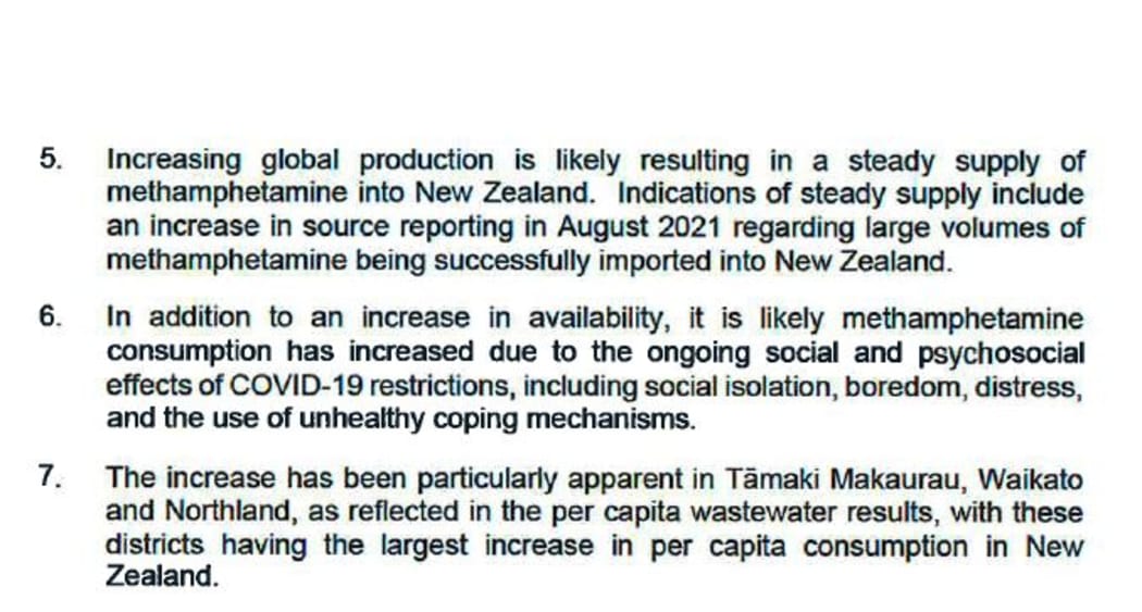 An extract from a police update on"increased methamphetamine consumption", sent to the Minister of Police on 2 December 2021.
