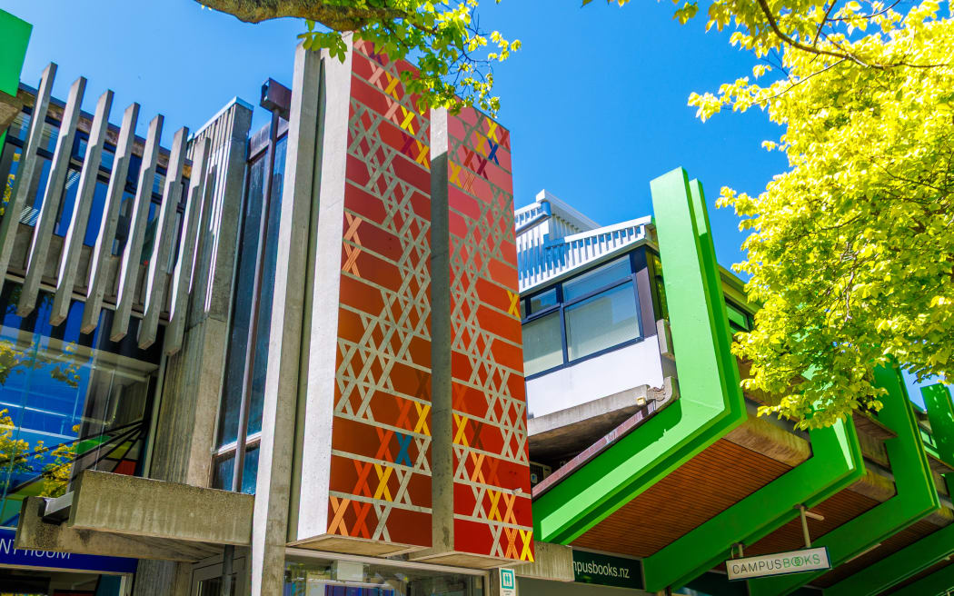 The mural outside the student centre at Massey University's Turitea Campus in Manawatū celebrates 30 years of the Toioho ki Āpiti Māori Visual Arts programme.