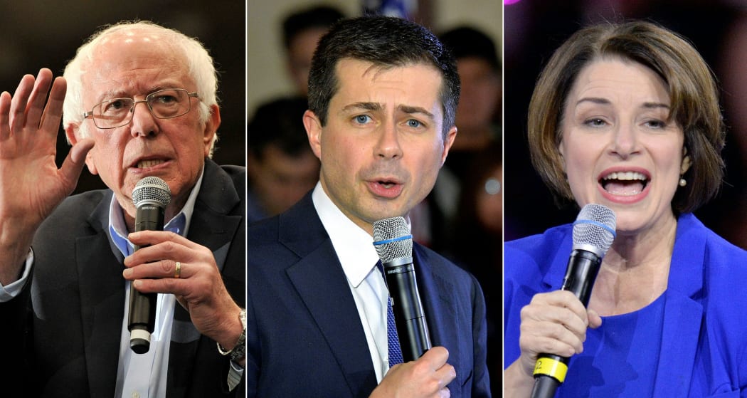 (COMBO) T Democratic presidential hopeful Vermont Senator Bernie Sanders (L) Democratic presidential hopeful and former South Bend, Indiana mayor Pete Buttigieg (C) and Democratic presidential hopeful Minnesota Senator Amy Klobuchar
