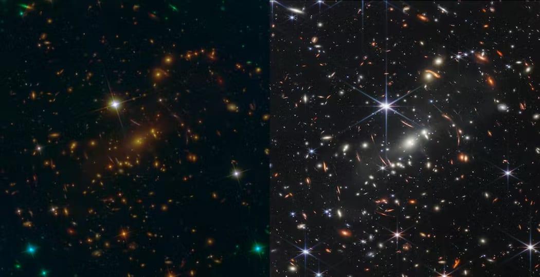 SMACS 0723 galaxy cluster – from Hubble on the left, and JWST on the right. Hundreds more galaxies are visible in JWST’s infrared image.