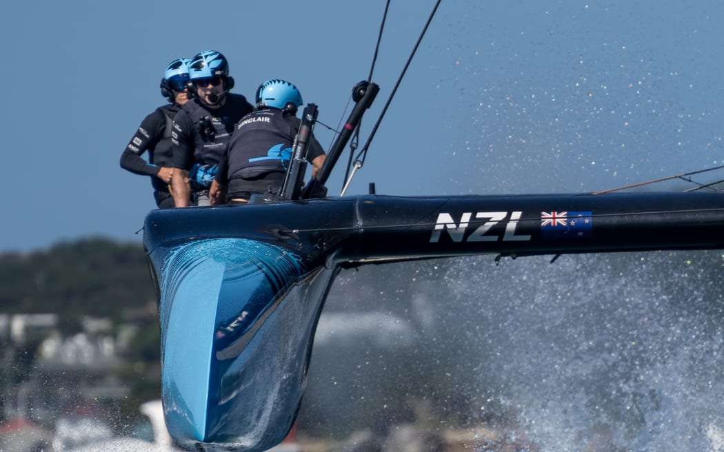 New Zealand SailGP Team helmed by interim driver Nathan Outteridge in action on Sydney Harbour, 2024.