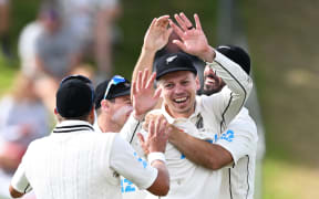 Michael Bracewell of New Zealand celebrates after combining with Tom Blundell to run out Harry Brook of England.
New Zealand Black Caps v England. Day 5 of the second cricket test at the Basin Reserve, Wellington, New Zealand. Feb 28, 2023. ( Andrew Cornaga / Photosport )