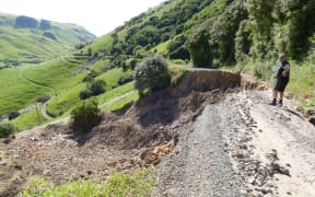 A dropout on Goughs Road due to storm damage in Goughs Bay on Banks Peninsula.