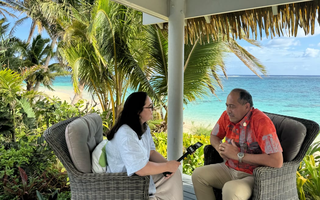 Dalton Tagelagi interview by RNZ Pacific journalist Lydia Lewis in Rarotonga. 7 November 2023.