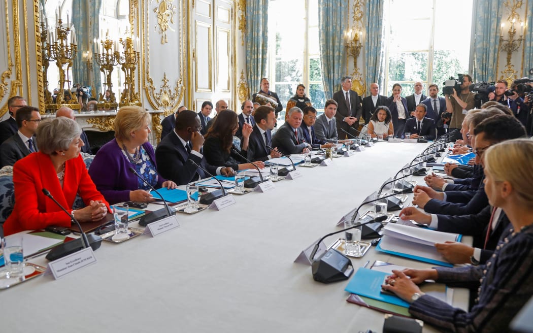 World leaders, including British Prime Minister Theresa May, Norway's Prime Minister Erna Solberg, Senegal's President Macky Sall, NZ Prime Minister Jacinda Ardern, French President Emmanuel Macron, King Abdullah II of Jordan and Canadian Prime Minister Justin Trudeau attend the 'Christchurch call'.