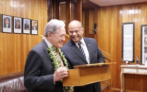 New Zealand Deputy Prime Minister Winston Peters (left) exchanges pleasantries with the President of Nauru David Adeang. July 2024