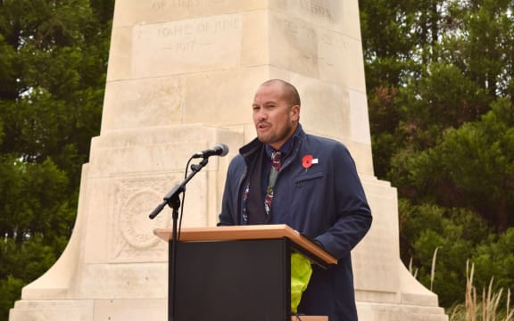 Waiariki MP Tamati Coffey speaking at the New Zealand Messines Ridge Memorial ceremony