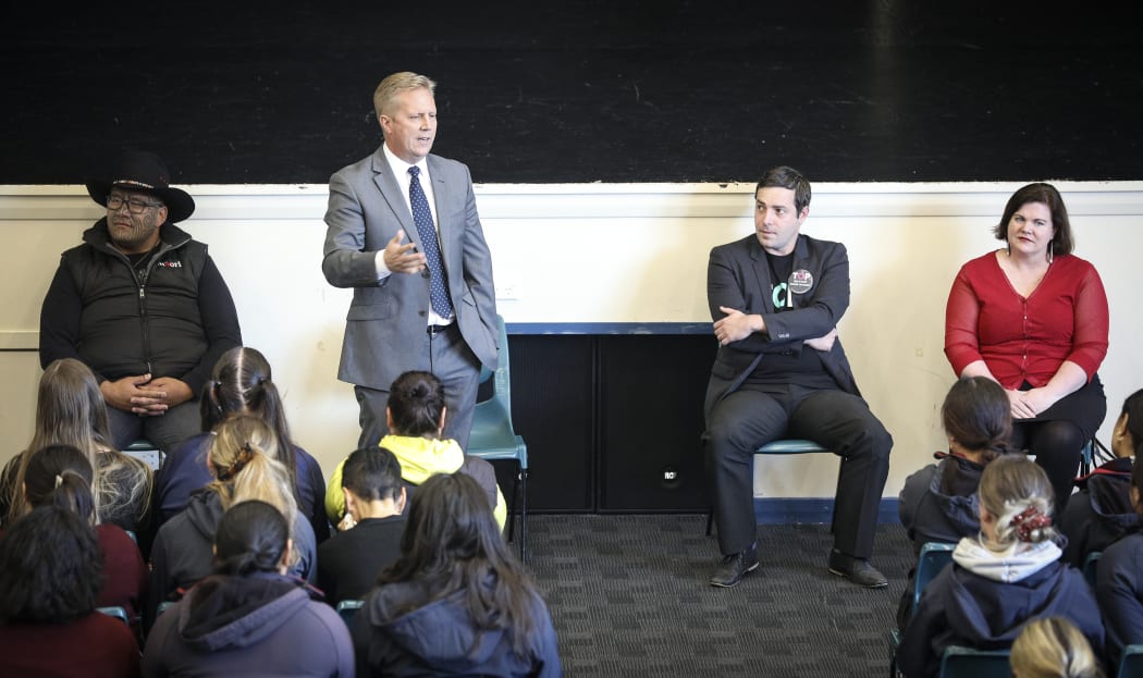 L-R: Rawiri Waititi, Todd McClay, Andrew Caie and Claire Mahon debate at Rotorua Girls' High School.