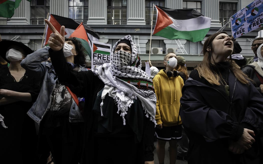 About 80 Palestinian supporters protesting outside the Israeli Embassy in Wellington on 9 November 2023.