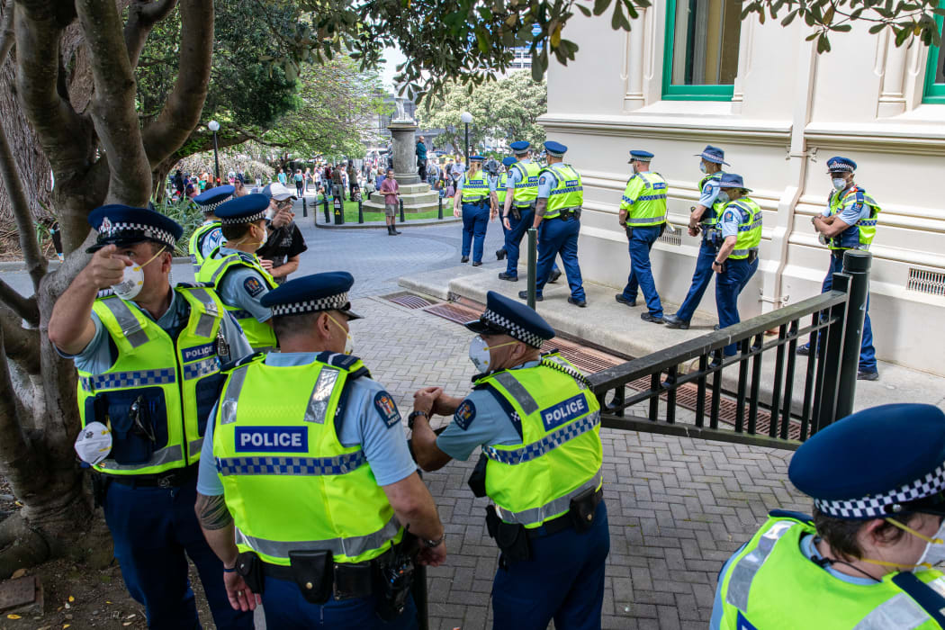 Police stayed out of the picture, leaving things to Parliament's security until the protest neared its close and climax, then they emerged from the wings to add some heft in case things got difficult.