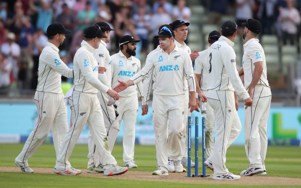 Stumps at Day 1, New Zealand players 
New Zealand BlackCaps v England, Day 1 of the 2nd Test at Birmingham, England on Thursday 10th June 2021.
New Zealand in England Cricket Test Series 2021.
