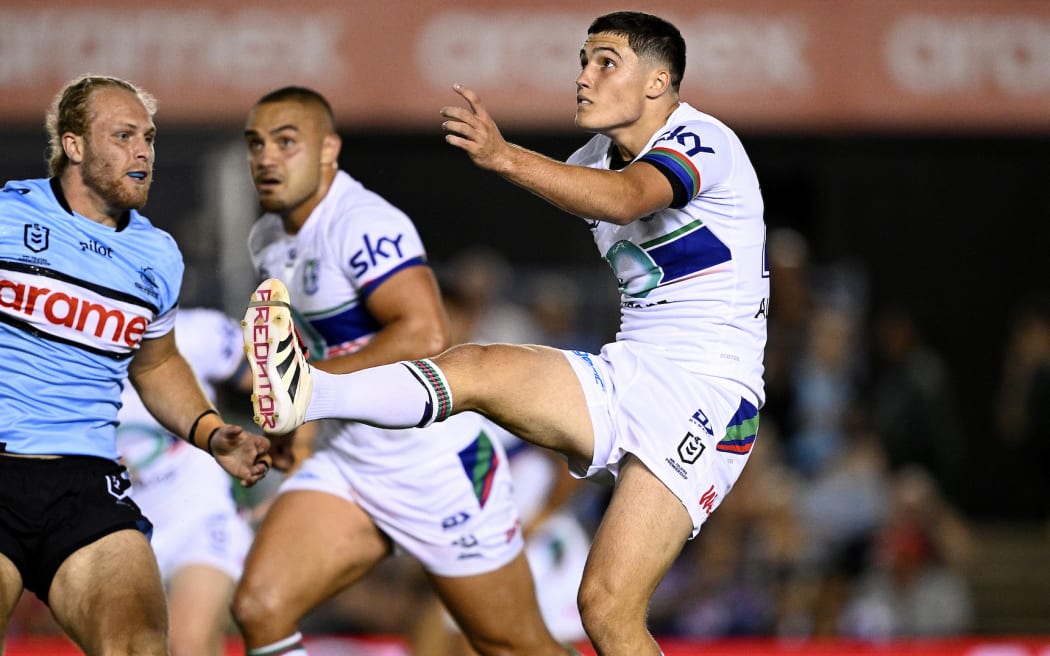 Jett Cleary of the Warriors kicks during the NRL Pre-Season Challenge Round 1 match between the Cronulla Sutherland Sharks and the New Zealand Warriors at Shark Park in Sydney, Friday, February 7, 2025. (AAP Image/Dan Himbrechts/ Photosport)