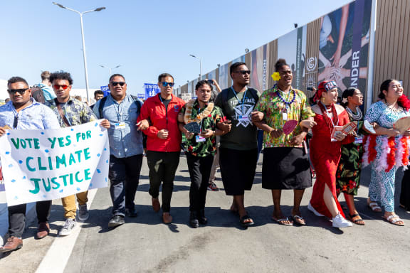 Pacific Islands activists protest demanding climate action and loss and damage reparations at COP27 in Egypt
