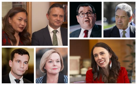 James Shaw and Marama Davidson, Grant Robertson, Winston Peters, Jacinda Ardern, Judith Collins and David Seymour