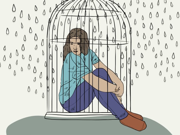Illustration of a sad woman trapped in a cage surrounded by tears.