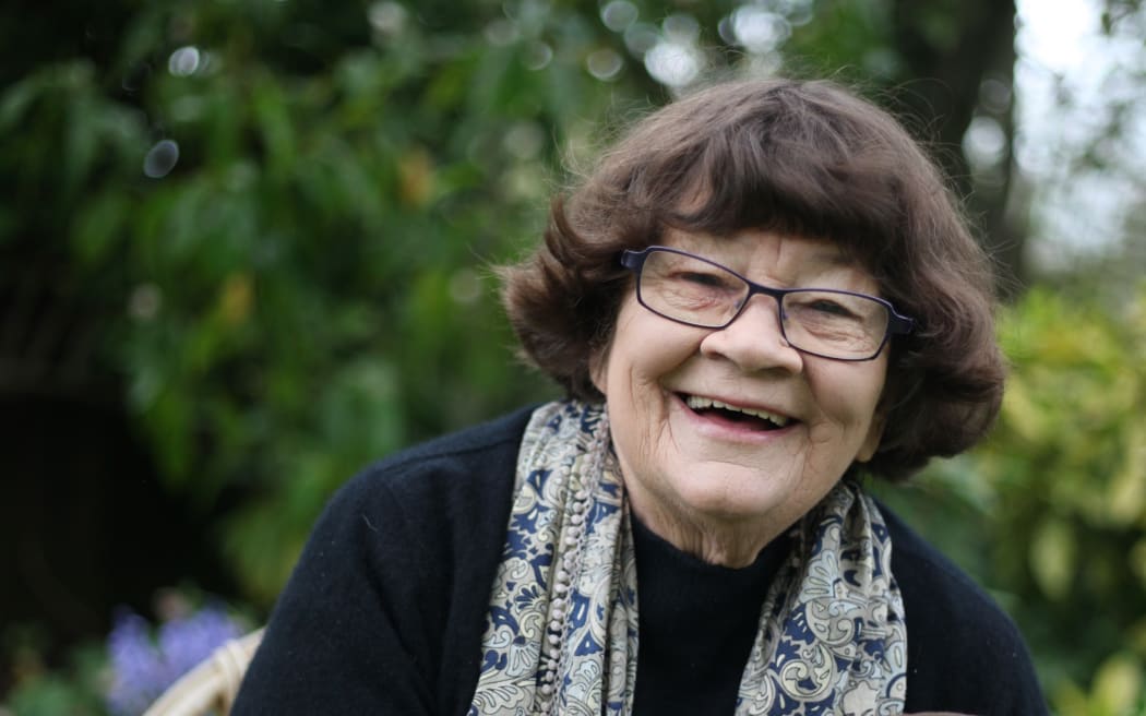 Writer Joy Cowley with family dog Rosa.
