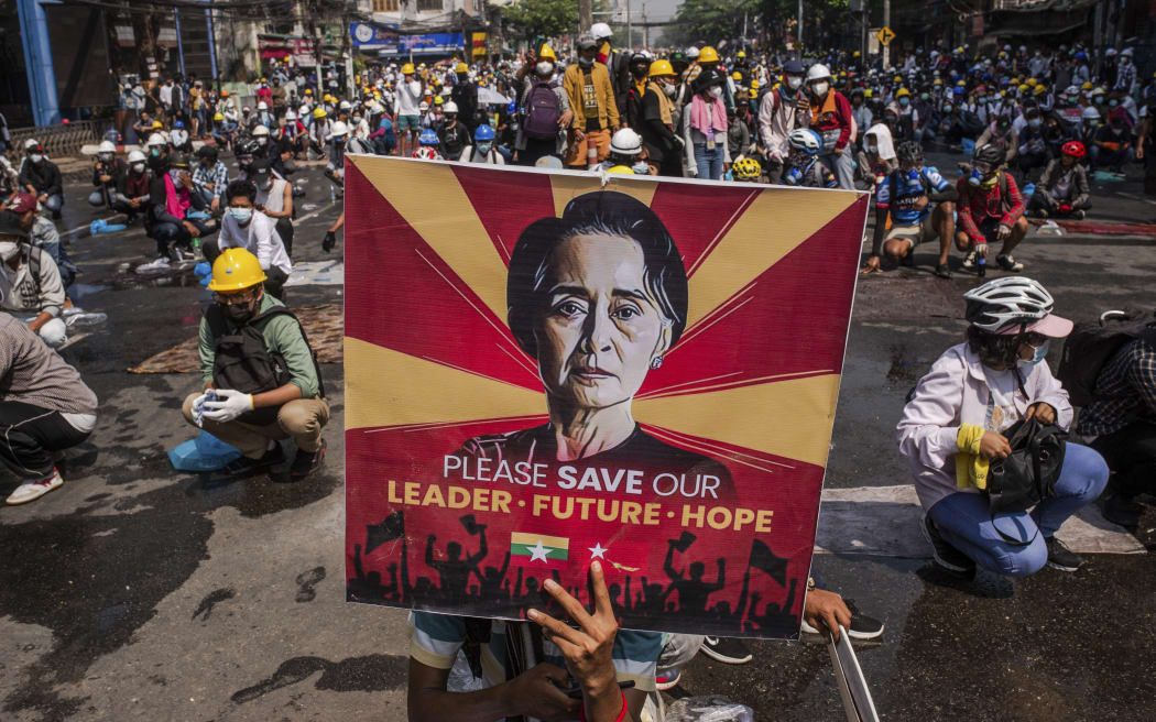 Protesters take part in a demonstration against the military coup in Yangon on 2 March, 2021.