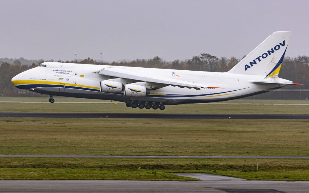 The Antonov An-124 Ruslan is a large, strategic airlift, four-engined aircraft that was designed in the 1970s by the Antonov design bureau in the Ukrainian SSR, the largest military transport aircraft in service. The An-124 is the world's heaviest gross weight production cargo airplane. Eindhoven, The Netherlands on November 16, 2021.