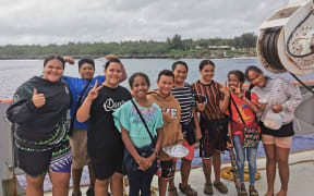 Atiu students onboard the Moana Minerals research vessel Anuanua Moana on Saturday.