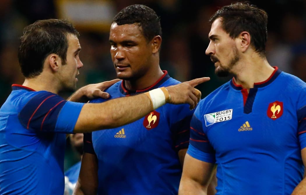 Thierry Dusautoir and Morgan Parra of France after the 2015 Rugby World Cup Pool D match between France and Ireland.