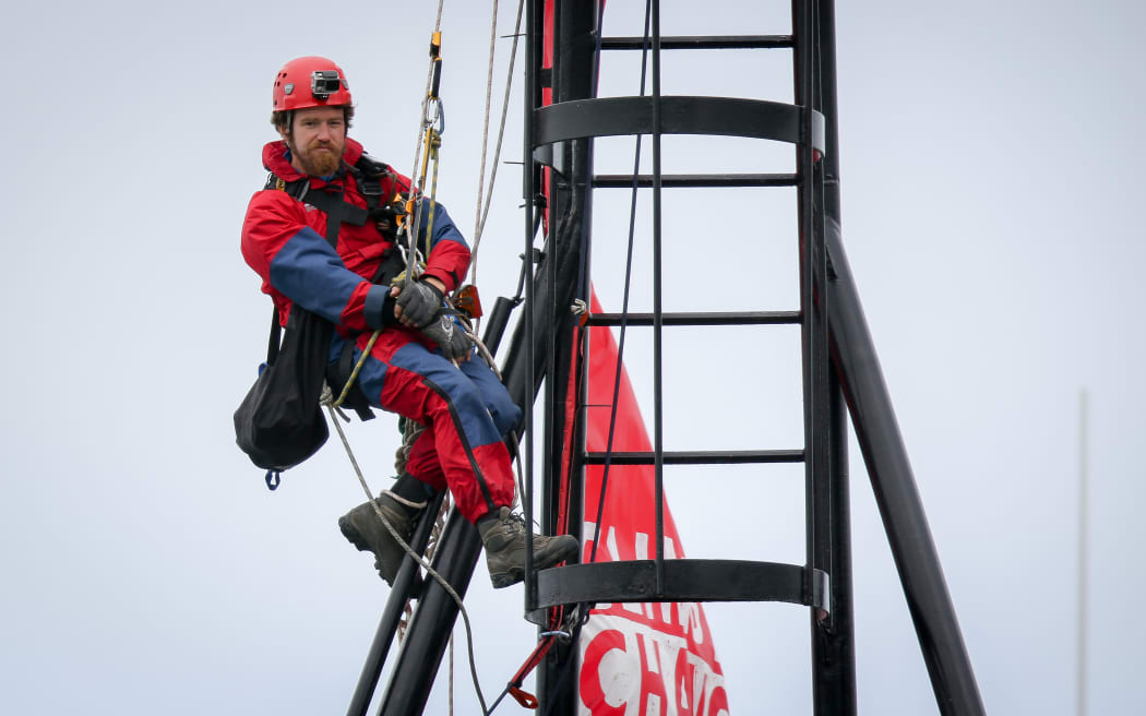 A Greenpeace activist on board the government research ship Tangaroa in Wellington.