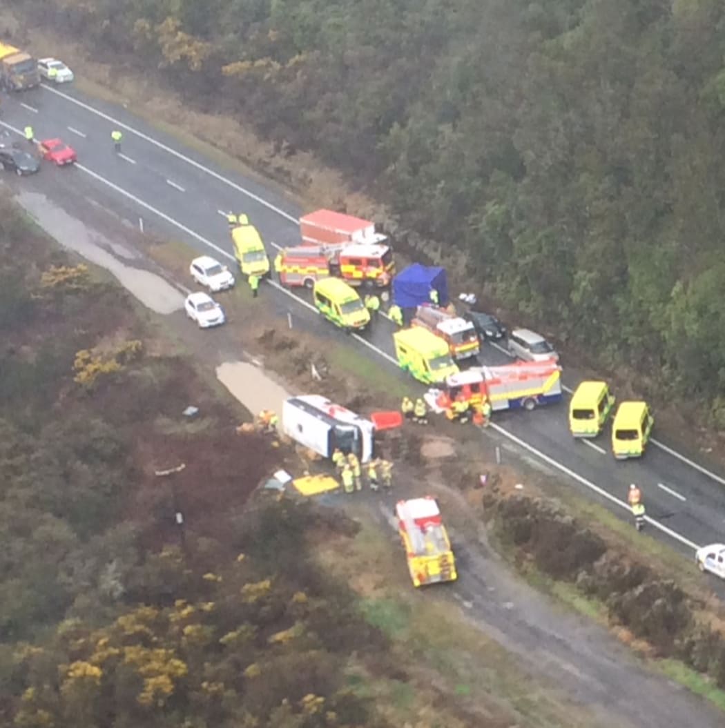 Aerial view of the bus that rolled off State Highway 5 in Ngātira near Rotorua