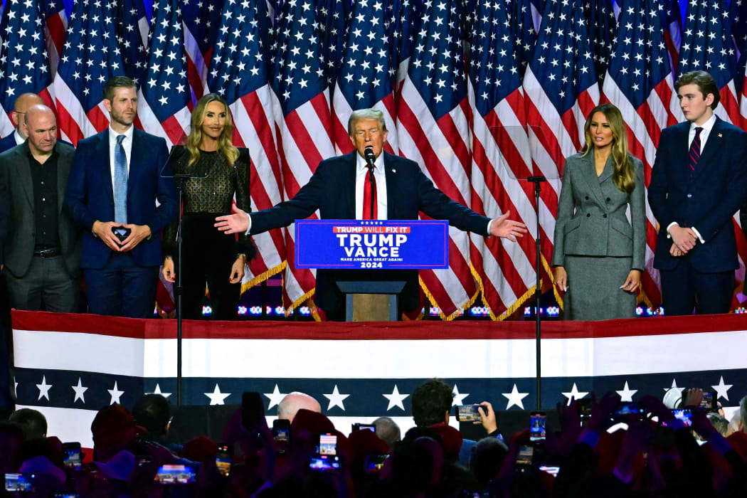 Former US President and Republican presidential candidate Donald Trump speaks during an election night event at the West Palm Beach Convention Center in West Palm Beach, Florida, on November 6, 2024. - Republican former president Donald Trump closed in on a new term in the White House early November 6, 2024, just needing a handful of electoral votes to defeat Democratic Vice President Kamala Harris. (Photo by Jim WATSON / AFP)