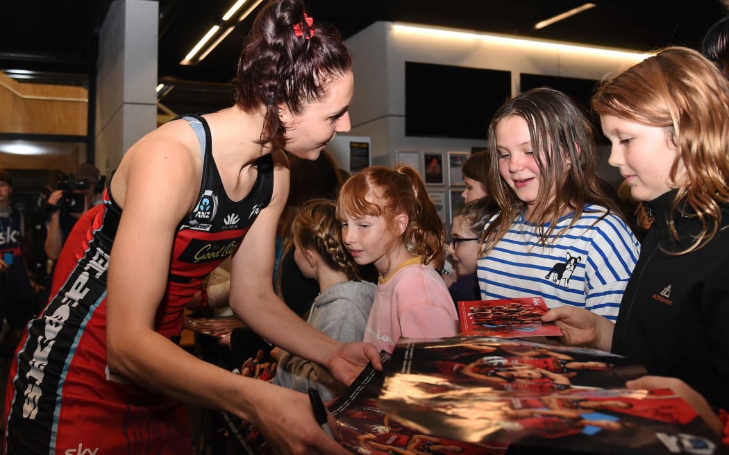 Tactix player Karin Burger with fans during their ANZ Championship Netball game.