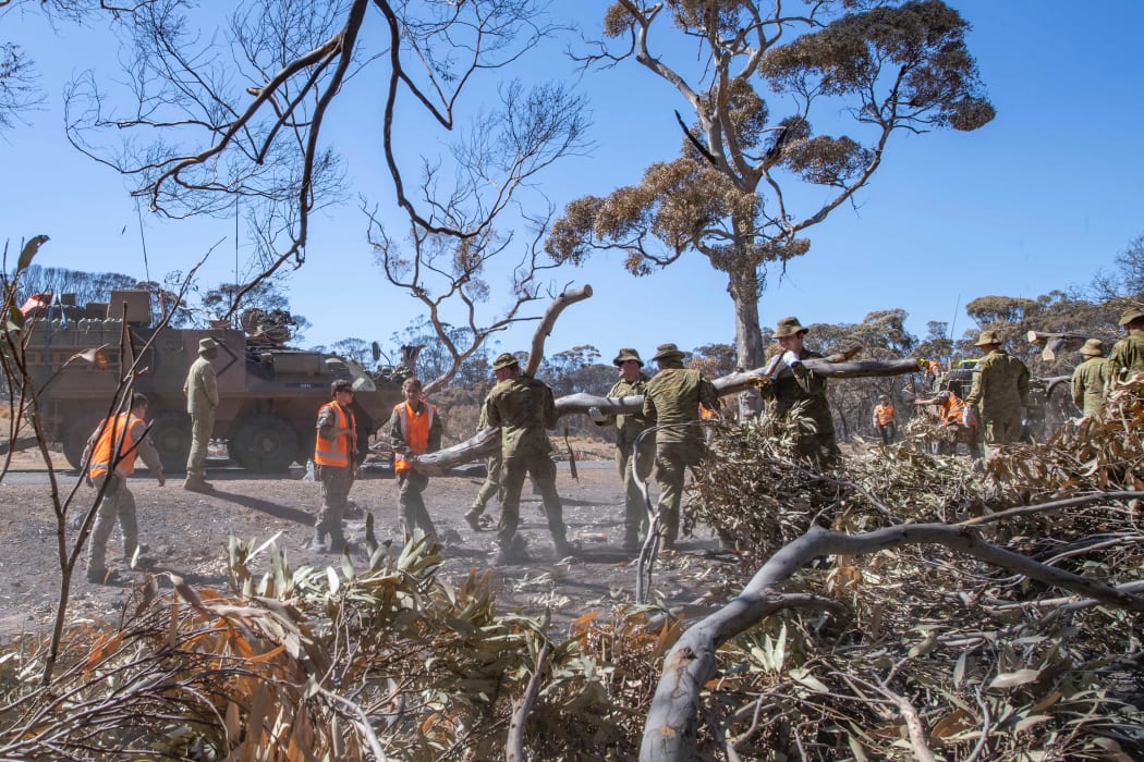 NZ Army's 2ER undergo tree felling tasks at Flinders Chase National Park on Kangaroo Island during the Australian Bushfires.