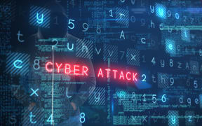 Spy in black hoodie against virus background