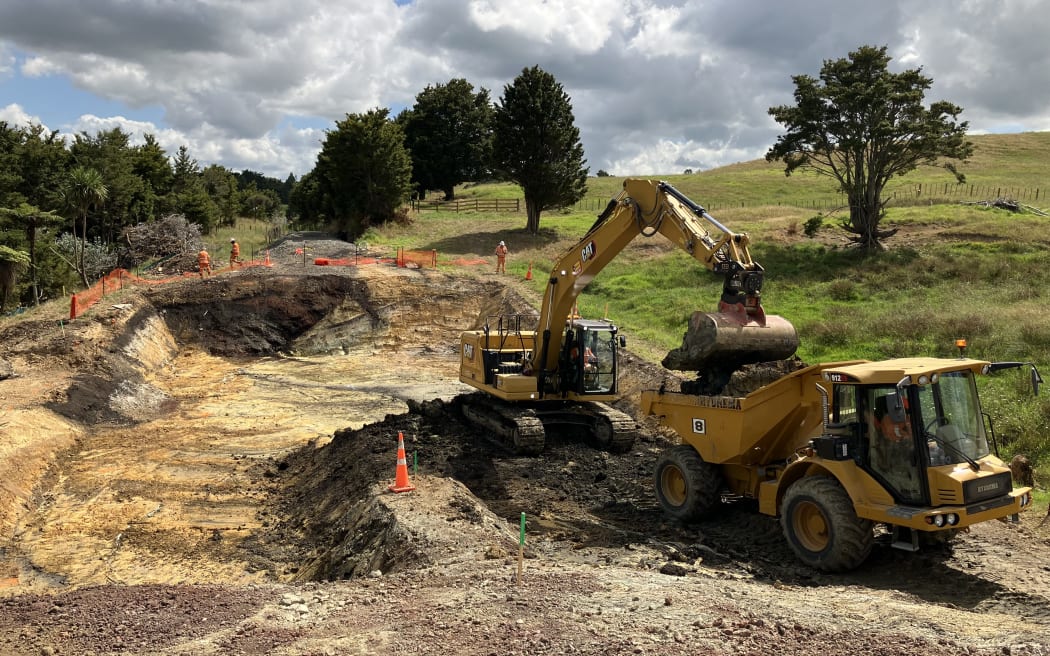 Excavation gets underway at a slip-damaged section of railway at Old Tokatoka Road, south of Whangārei.