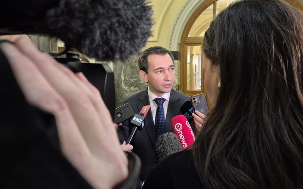 Minister Simeon Brown speaks to media on Tuesday morning.