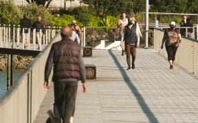 Exercise and social distancing at Auckland's Westhaven Marina during level 4 lockdown.