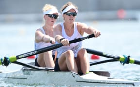(L-R) New Zealand's Grace Prendergast and New Zealand's Kerri Gowler compete in the women's pair heats during the Tokyo 2020 Olympic Games at the Sea Forest Waterway in Tokyo on July 24, 2021.