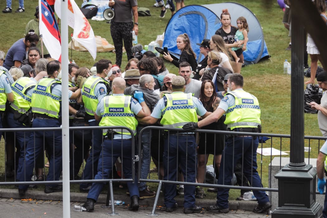 Police and protesters at Parliament during the Covid-19 protest on 10 February 2022.