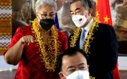 Chinese foreign minister Wang Yi (right) and Samoan prime minister Fiame Naomi Mata’afa attend an agreement signing ceremony between the two countries in Apia. Photograph: Vaitogi Asuisui Matafeo/Samoa Observer/