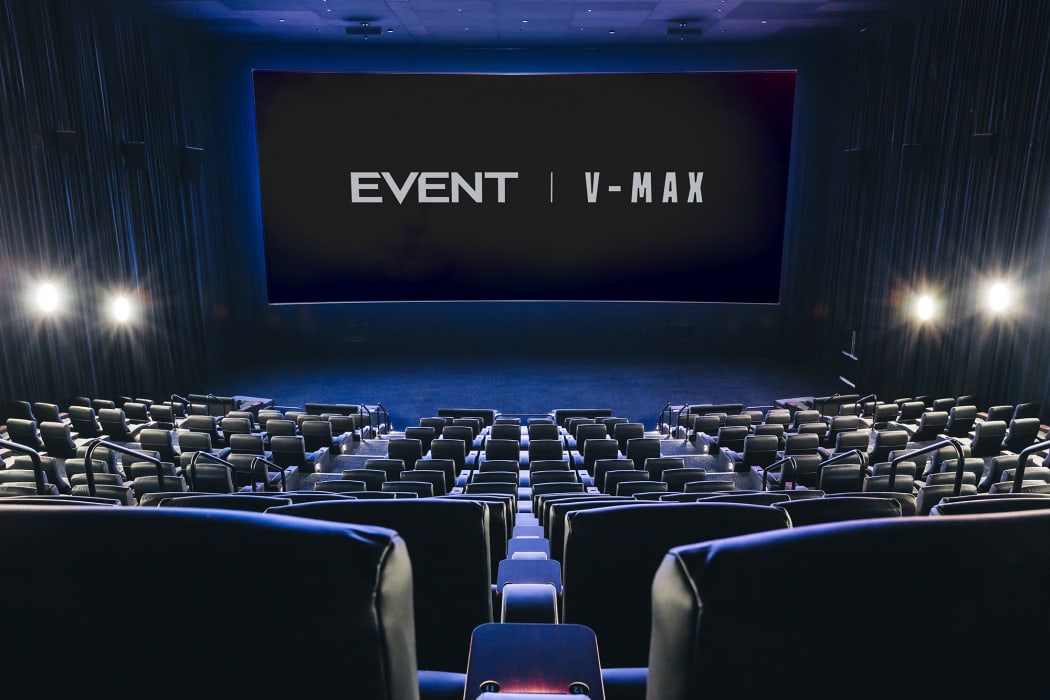 A view of the screen at the VMAX cinema at Queensgate, Lower Hutt, taken from one of the reclining seats.