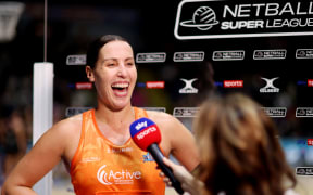 NOTTINGHAM, ENGLAND - FEBRUARY 11: Jo Trip of Seven Stars speaks to the media during the Netball Super League 2023 Season Opener at Motorpoint Arena Nottingham on February 11, 2023 in Nottingham, England. (Photo by Naomi Baker/Getty Images for England Netball)