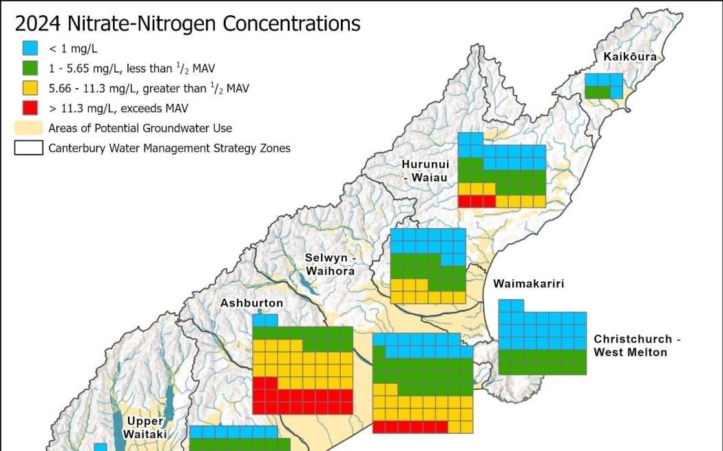 Mapping of nitrate-nitrogen samples by concentration shows that the Ashburton region had the highest nitrate concentrations, similar to previous years' surveys.