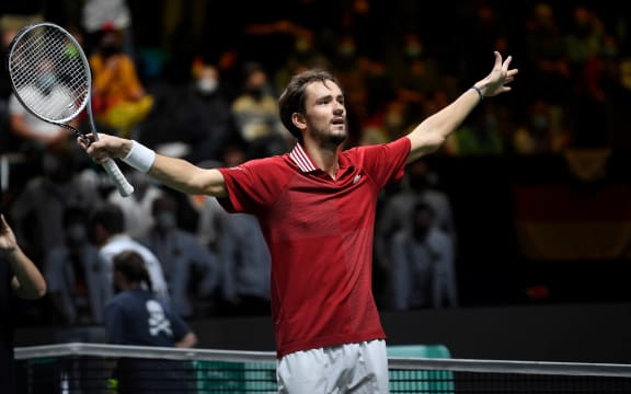 Russia's Daniil Medvedev celebrates at the end of the men's singles semi-final tennis match between Russia and Germany of the Davis Cup tennis tournament at the Madrid arena in Madrid on December 4, 2021.