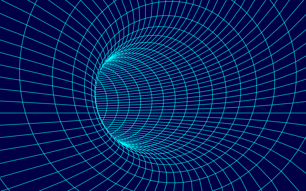 Futuristic funnel. Wireframe space travel tunnel. Abstract blue wormhole with surface warp.