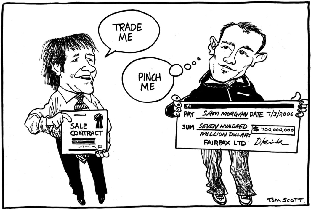 Tom Scott's take on the 2006 sale of Trade Me. Fairfax CEO David Kirk holds a sale contract and says "Trade me". Trade Me founder Sam Morgan holds a cheque for $700 million and thinks "Pinch me."