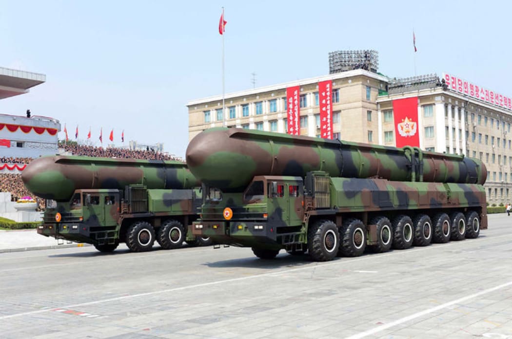 A picture released by North Korea  which shows ballistic missiles on display during a military parade.