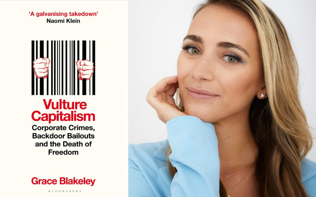 Grace Blakeley, author of Vulture Capitalism with her book cover.