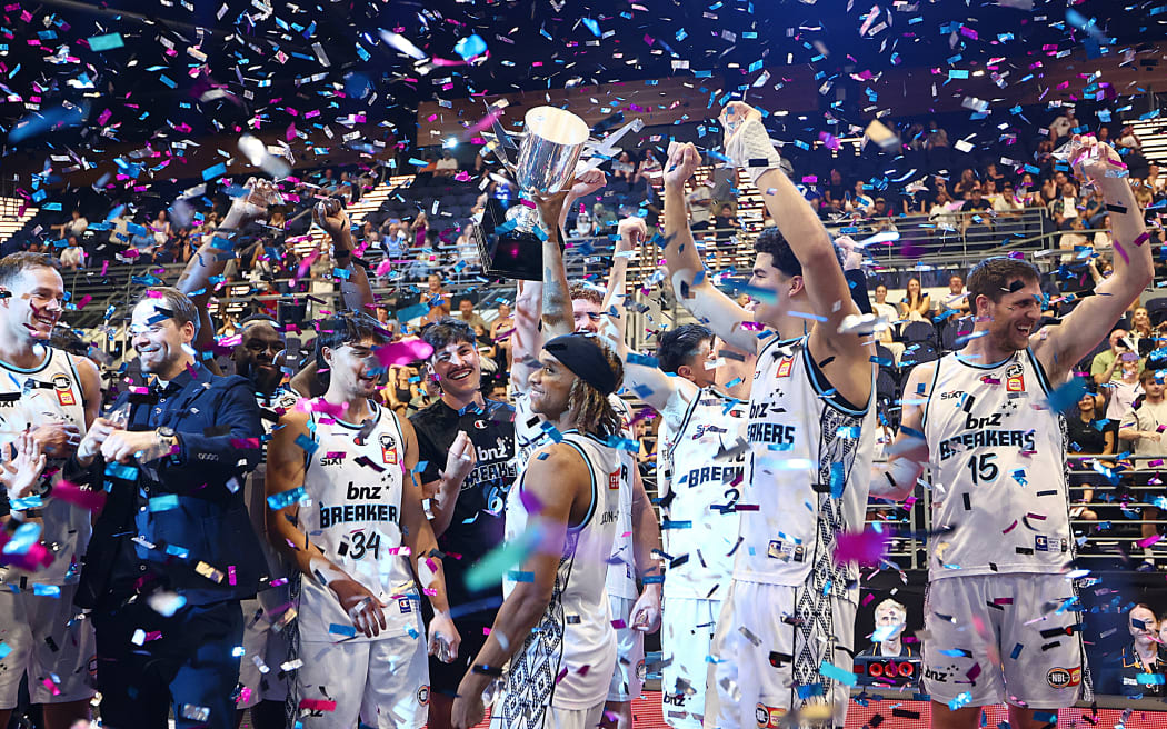Breakers players celebrate their win during the Ignite Cup final, 2026.