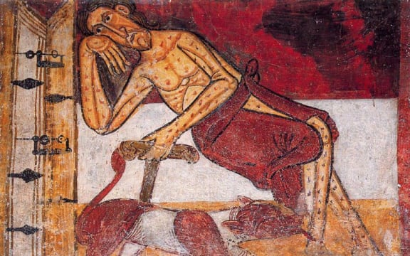 Lazarus waiting at the door of Dives, 11th century Roman fresco at Saint Climent de Taüll church, now at Barcelona Museu Nacional d'Art de Catalunya