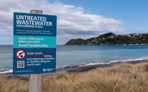 Signs on Wellington's South Coast about the wastewater spill