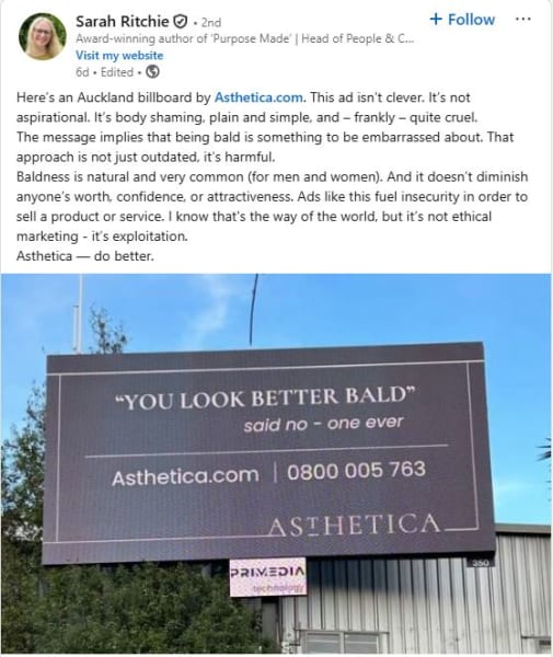 Author Sarah Ritchie criticised the Asthetica billboard ad about baldness as cruel body shaming.
