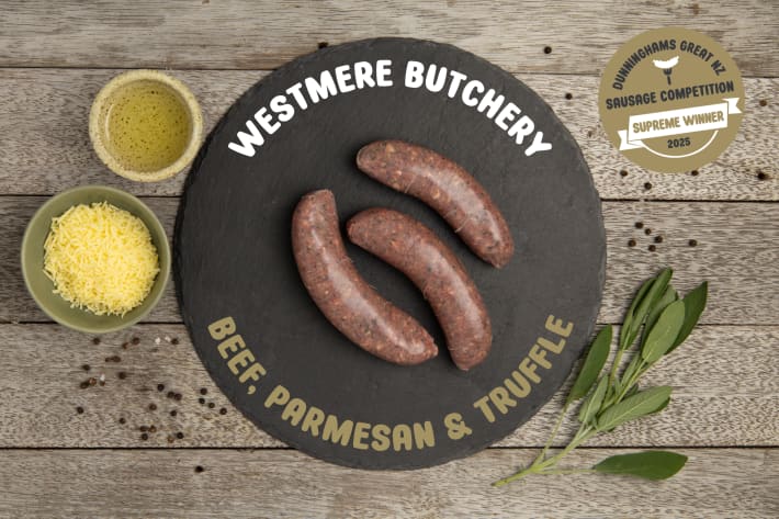 The supreme winner in the 2025 Great NZ Sausage Competition - a beef, parmesan and truffle creation from Westmere Butcher.